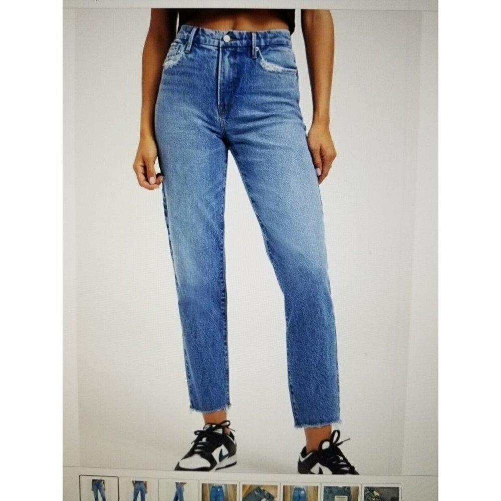 Good American Good Vintage Straight Leg Fray Jeans Indigo Blue Women's Sz 6/28